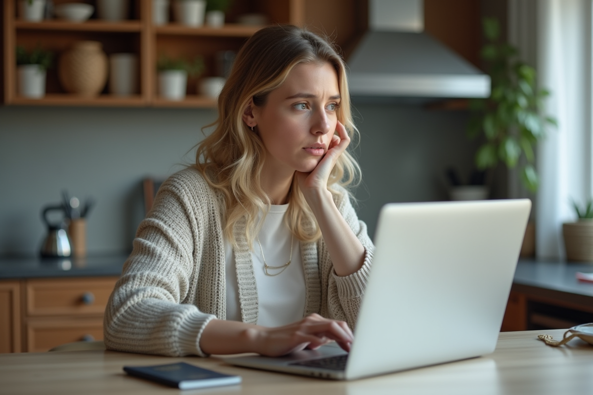 Femme assise à la cuisine avec ordinateur et passeport