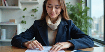 Jeune femme organise des papiers administratifs dans un bureau
