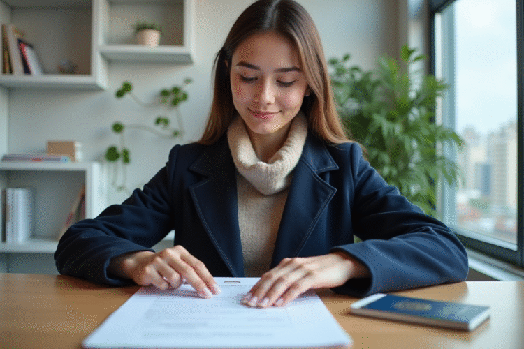 Jeune femme organise des papiers administratifs dans un bureau