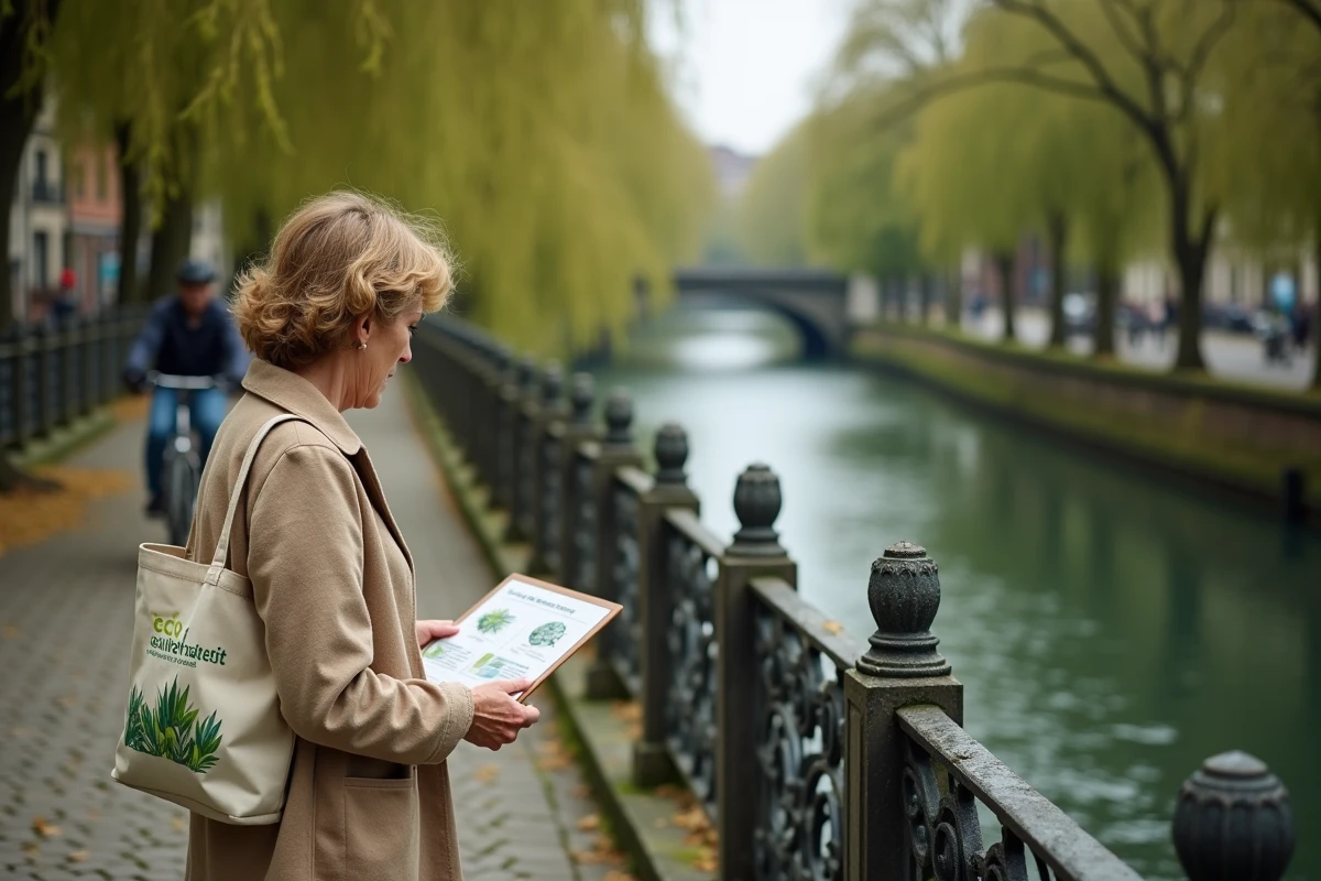 Femme lisant un panneau d'information sur la biodiversité du Rhin sur un pont en pierre urbain