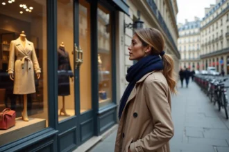 Femme élégante admire les vitrines de Paris près du Louvre