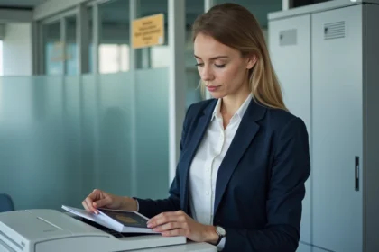 Femme en blazer navy place son passeport sur photocopieur