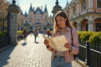 Jeune femme consultant un plan papier d'Eurodisney à l'entrée du parc pour préparer sa première visite