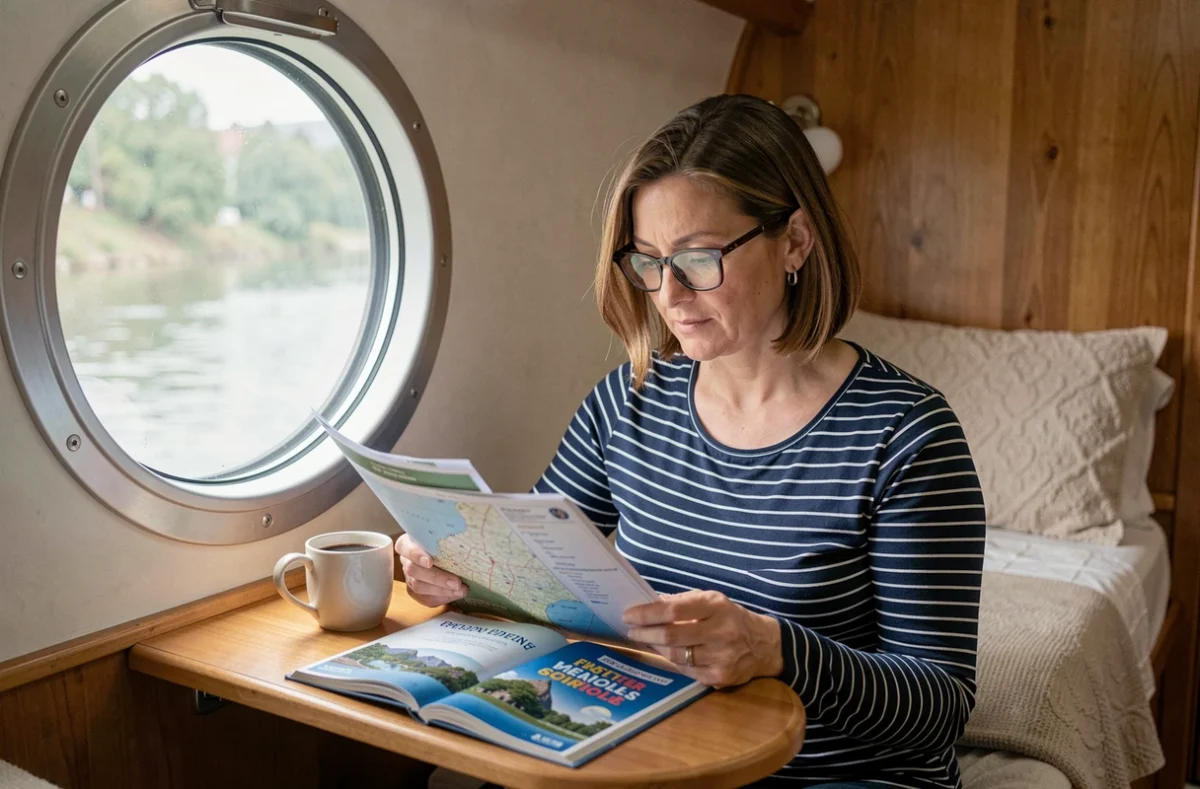 Femme planifiant son itinéraire de croisière fluviale dans une cabine confortable avec hublot