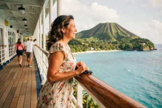 Femme en robe fleurie admirant la côte de la Martinique depuis le pont d'un bateau de croisière