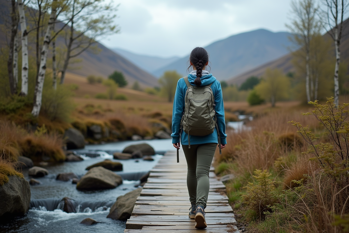 Jeune femme sur pont en forêt dans les Highlands écossais