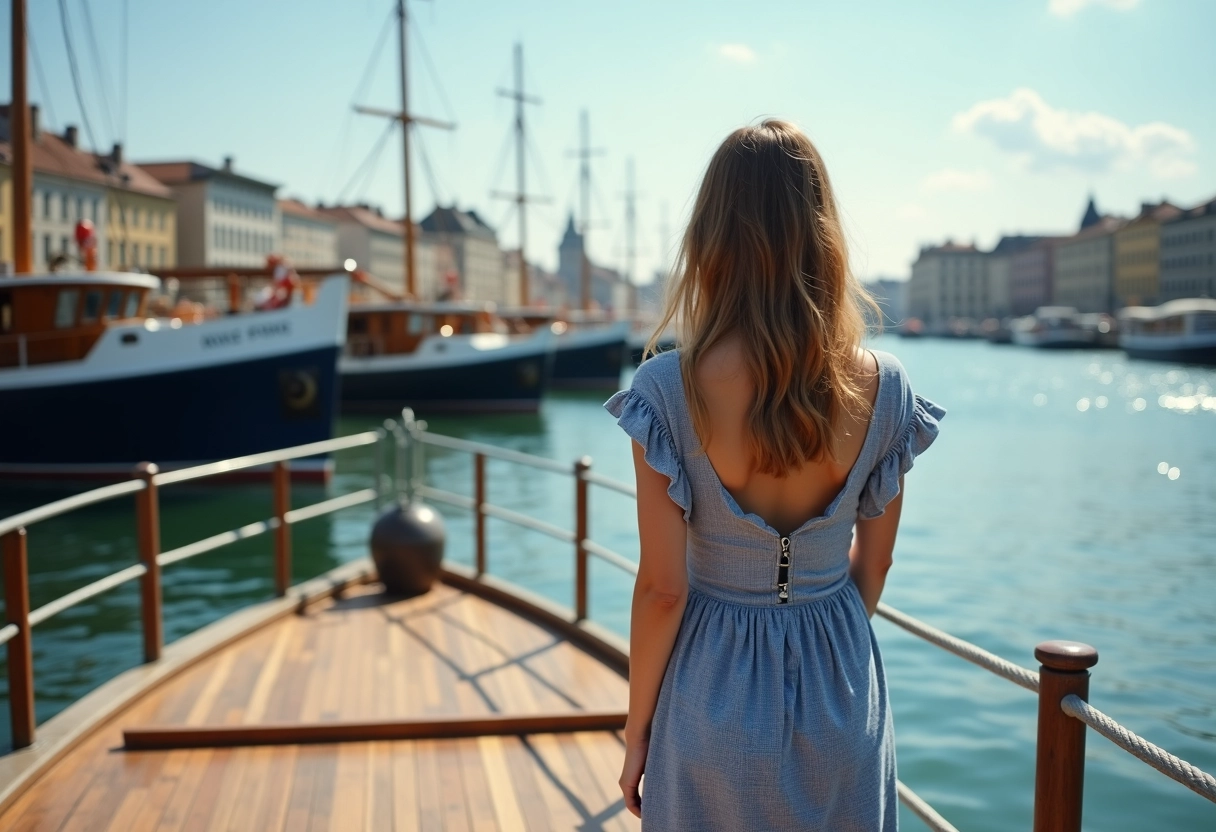 Jeune femme regardant les bateaux au port
