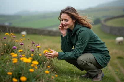 Femme en veste vert forêt examine des fleurs sauvages