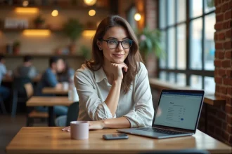 Femme planifiant un voyage en haute saison sur Google Flights dans un café urbain avec un ordinateur portable ouvert