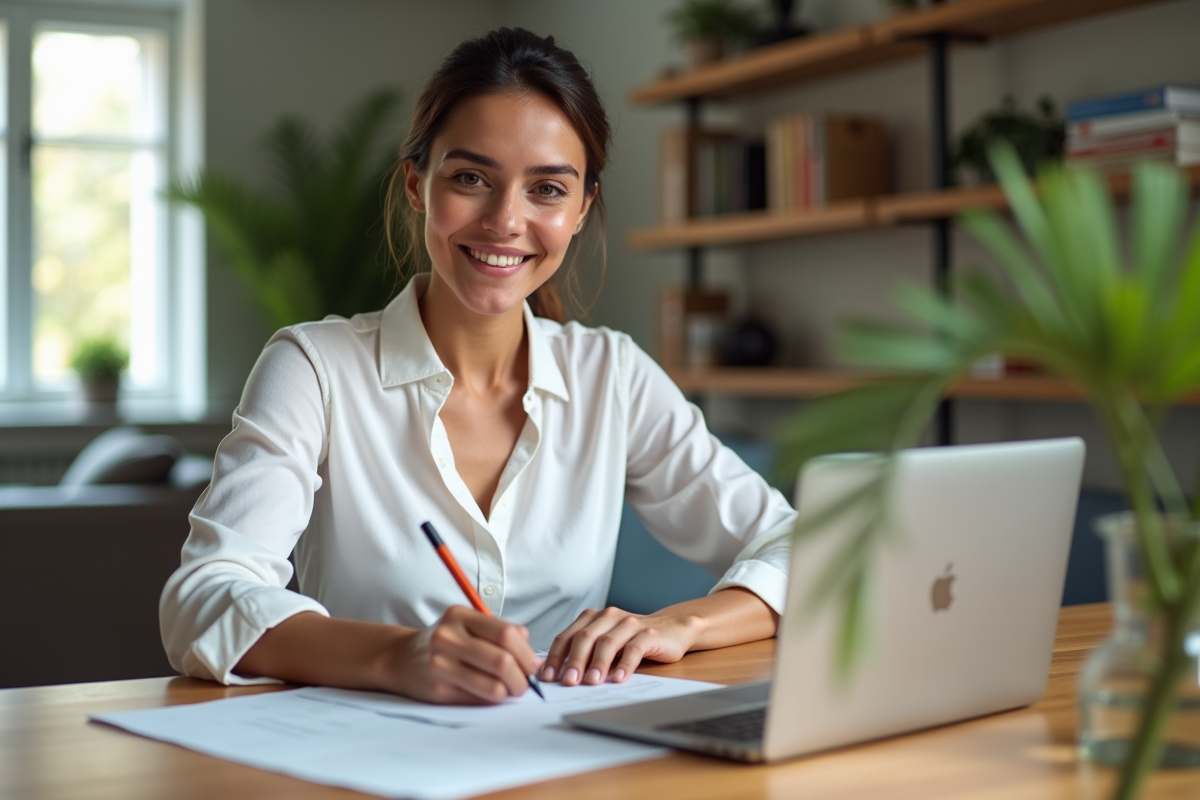 Femme souriante remplissant un formulaire de visa Kenya à la maison