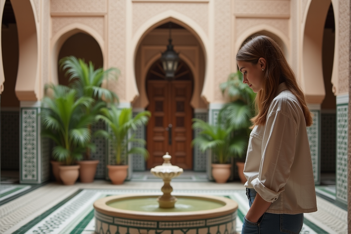 Jeune femme inspectant une fontaine dans un patio marocain