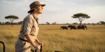 Femme en safari regardant des éléphants dans la savane