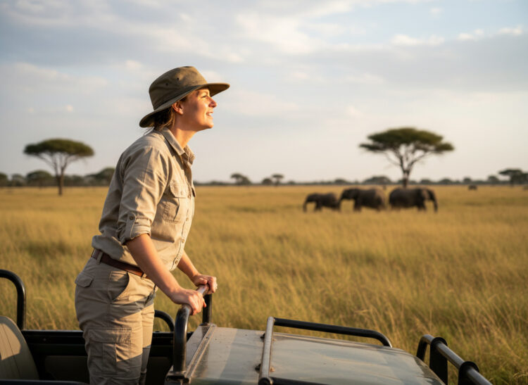 Femme en safari regardant des éléphants dans la savane