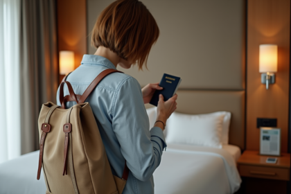 Femme range son passeport dans son sac de voyage en chambre d'hôtel