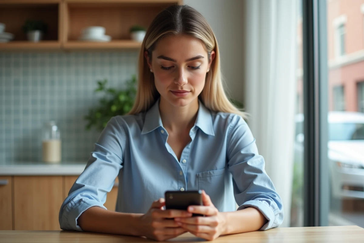 Jeune femme en cuisine compare options de transport avec son smartphone