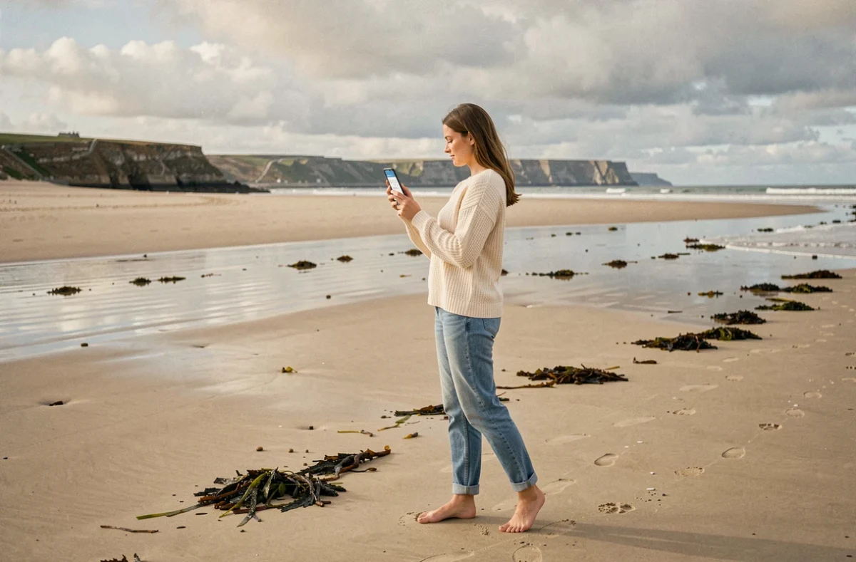 Jeune femme consultant l'horaire des marées sur smartphone à la plage de Biarritz à marée basse