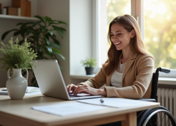 Jeune femme souriante en fauteuil moderne à la maison remplissant des papiers