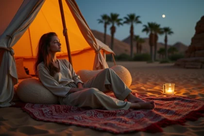 Jeune femme dans le Sahara contemplant le ciel étoilé
