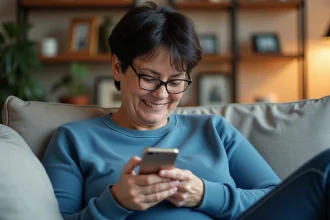 Femme d'âge moyen suivant un vol sur son smartphone dans un salon