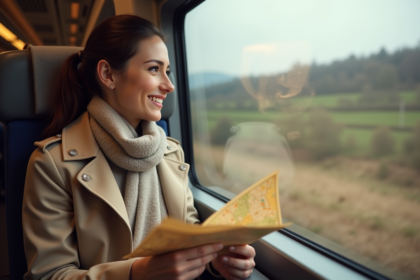 Femme souriante regardant par la fenêtre du train