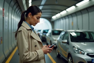 Femme à côté de sa voiture à bord du train Eurotunnel Le Shuttle avant le départ sous la Manche