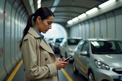 Femme à côté de sa voiture à bord du train Eurotunnel Le Shuttle avant le départ sous la Manche
