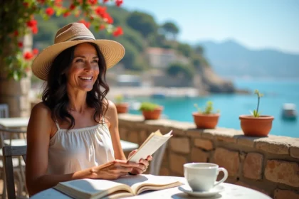 Femme voyage méditerranéen en robe en lin et chapeau de paille