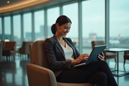 Femme d'affaires souriante dans un lounge aéroport