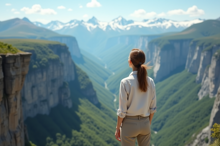 Jeune femme contemplant une vue montagneuse spectaculaire