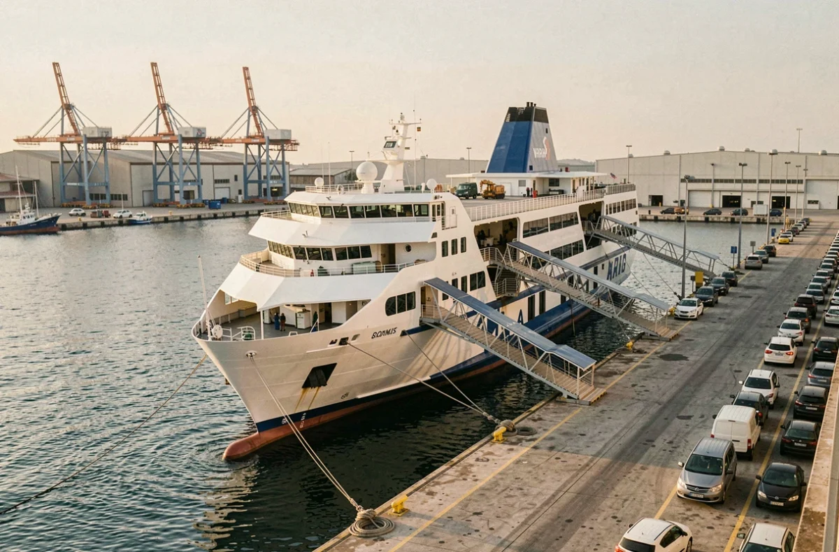 Ferry Corsica Ferries amarré dans un port méditerranéen animé avec véhicules en attente d'embarquement sur le quai
