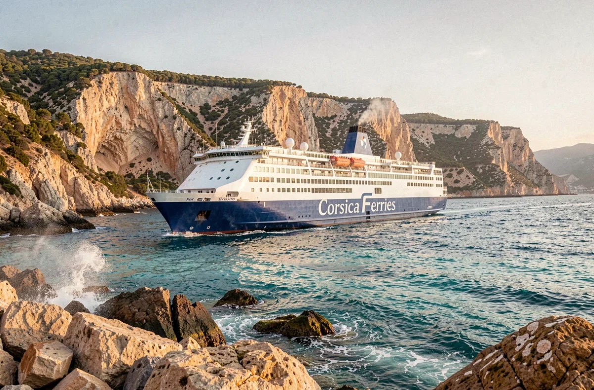Ferry Corsica Ferries naviguant le long des côtes rocheuses de la Méditerranée avec vue panoramique sur la mer turquoise