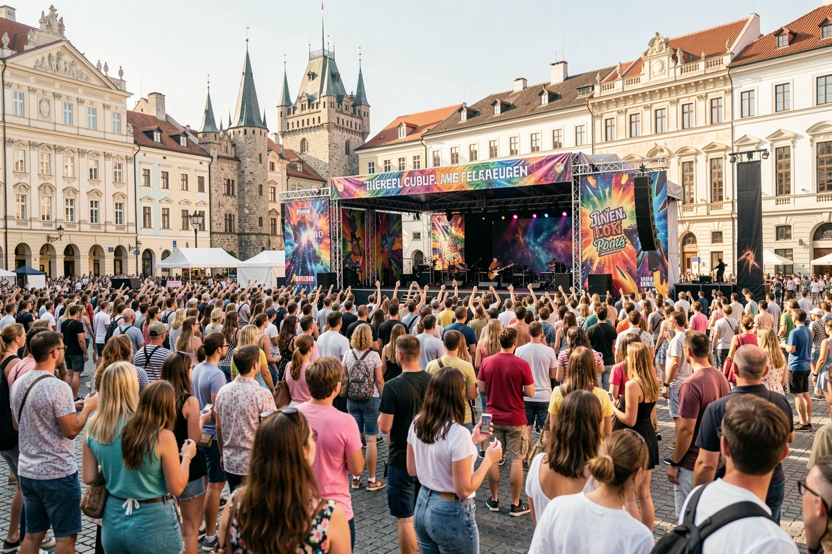 Festival de musique en plein air sur la place du Congrès à Ljubljana avec une foule festive au printemps