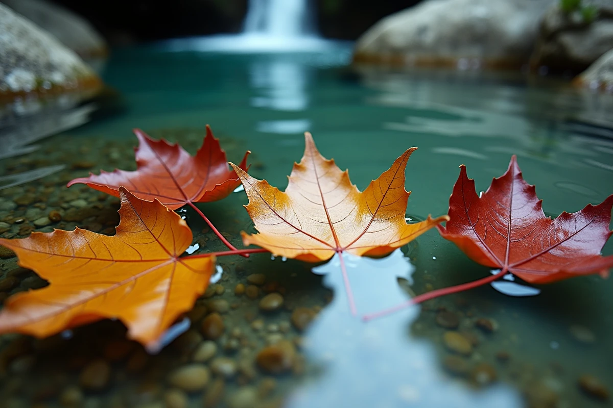 Feuilles d'automne flottant sur le bassin naturel de la cascade de la Vis avec reflets et roches calcaires