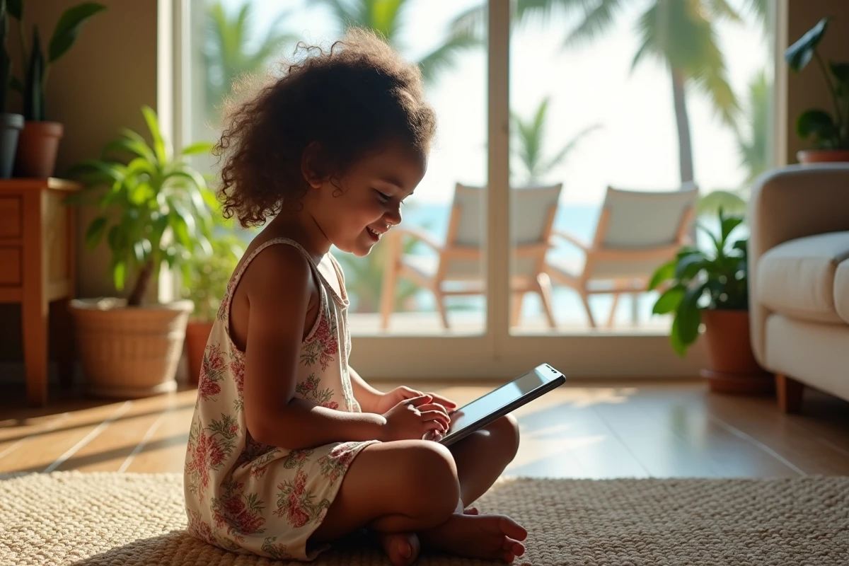 Jeune fille souriante utilisant une tablette pour un appel vidéo à La Reunion