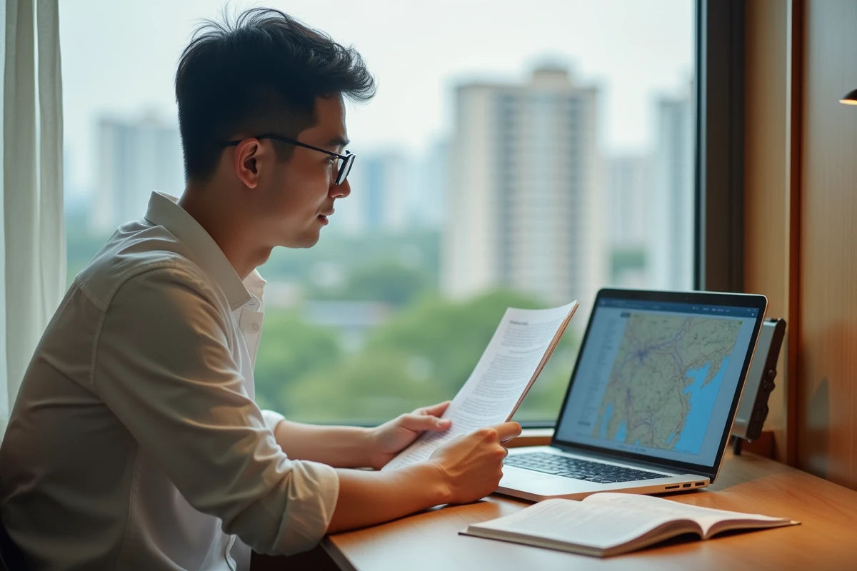 Voyageur consultant des documents de formalités et un guide touristique de Guangzhou dans une chambre d'hôtel avec vue sur la skyline urbaine du Guangdong