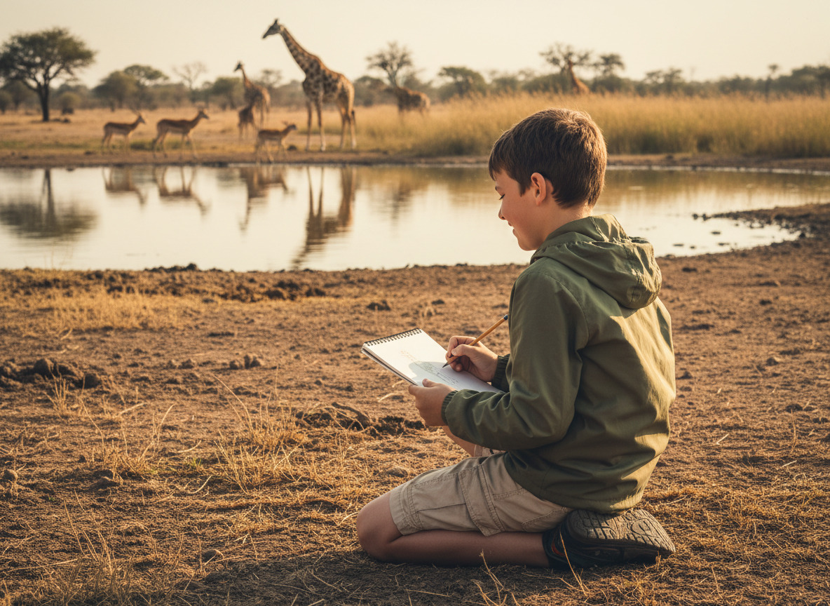 Garçon dessinant une girafe au bord d