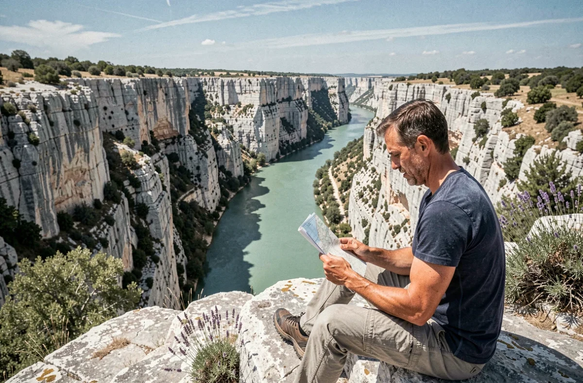 Voyageur consultant une carte face aux gorges de l'Ardèche depuis un belvédère rocheux