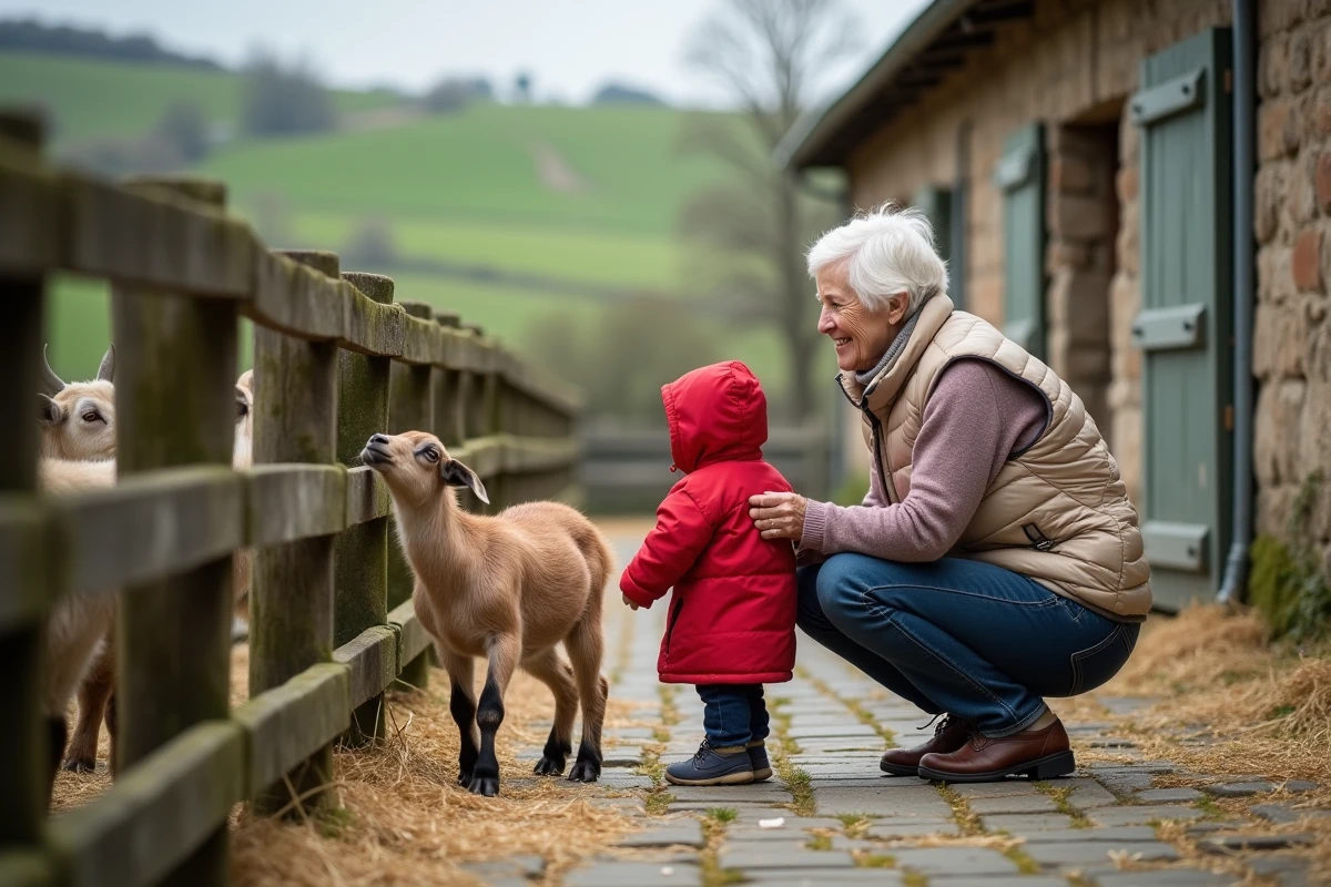 Grand-mère et petit-enfant nourrissant des animaux de ferme dans une ferme pédagogique normande