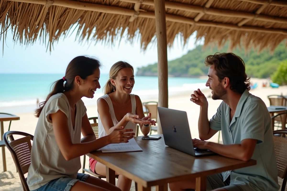 Groupe de voyageurs planifiant leur itinéraire Bali autour d'un café en bord de plage à Padangbai, avec vue sur la crique et les falaises verdoyantes