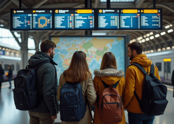 Groupe de voyageurs européens à la gare avec carte