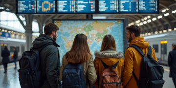 Groupe de voyageurs européens à la gare avec carte