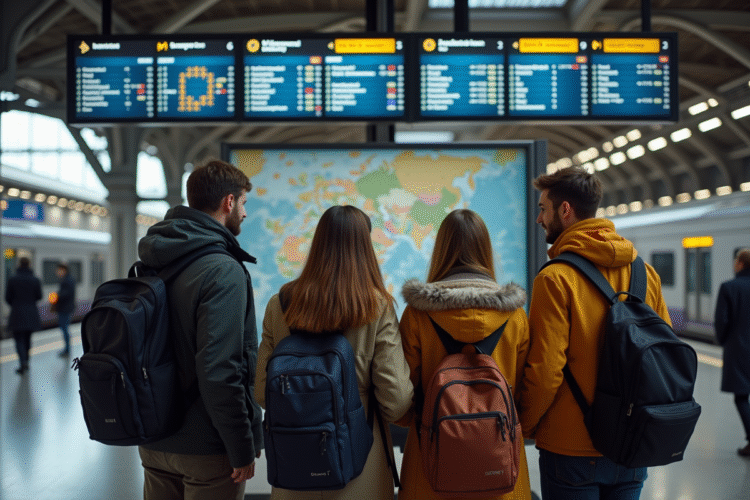 Groupe de voyageurs européens à la gare avec carte