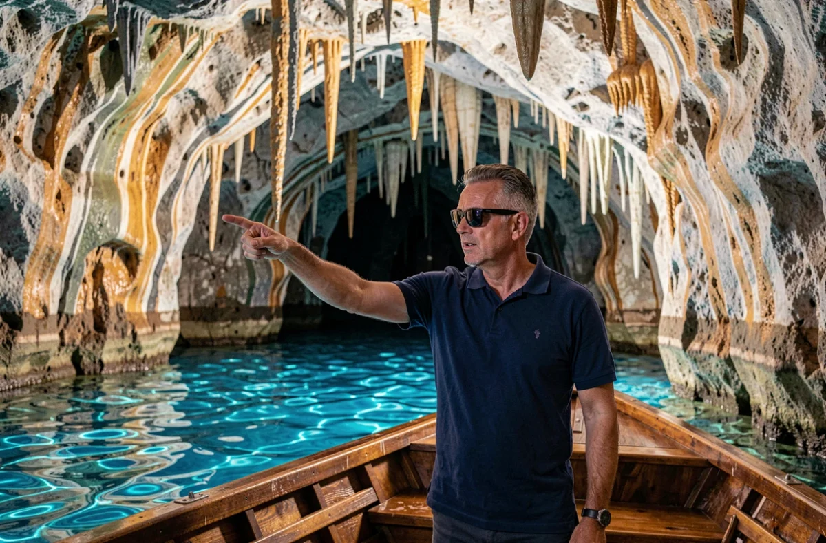 Guide touristique à bord d'un bateau dans une grotte de Polignano a Mare montrant les formations rocheuses et les eaux bleues