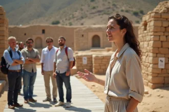 Guide touristique expliquant les ruines d'Akrotiri