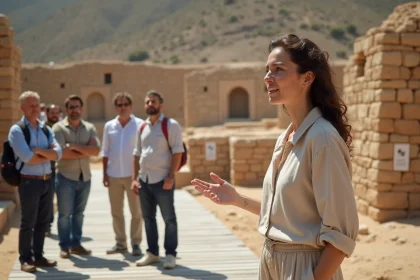 Guide touristique expliquant les ruines d'Akrotiri