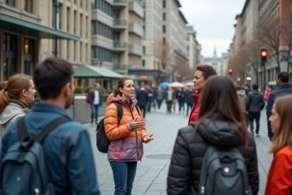 Guide touristique femme parlant à un groupe dans une ville