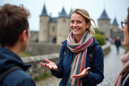 Guide touristique expliquant les remparts de Guérande