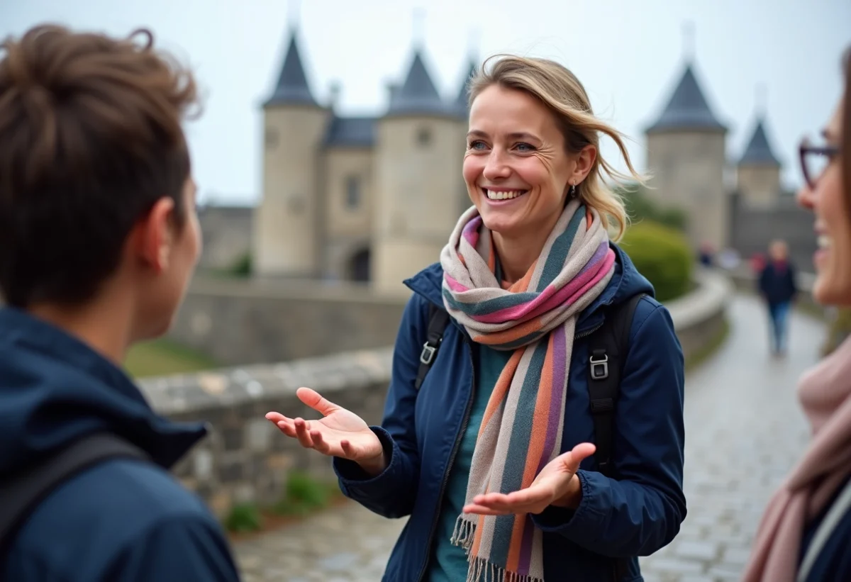 Guide touristique expliquant les remparts de Guérande