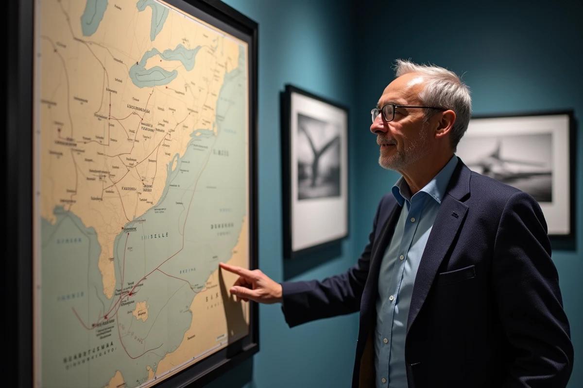 Historien de l'aviation devant une carte de la route Paris-New York du Concorde dans un musée aéronautique