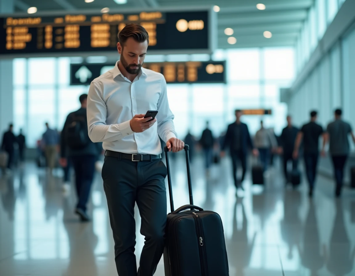 Homme d'affaires tirant un bagage cabine dans un terminal d'aéroport avec carte d'embarquement Volotea